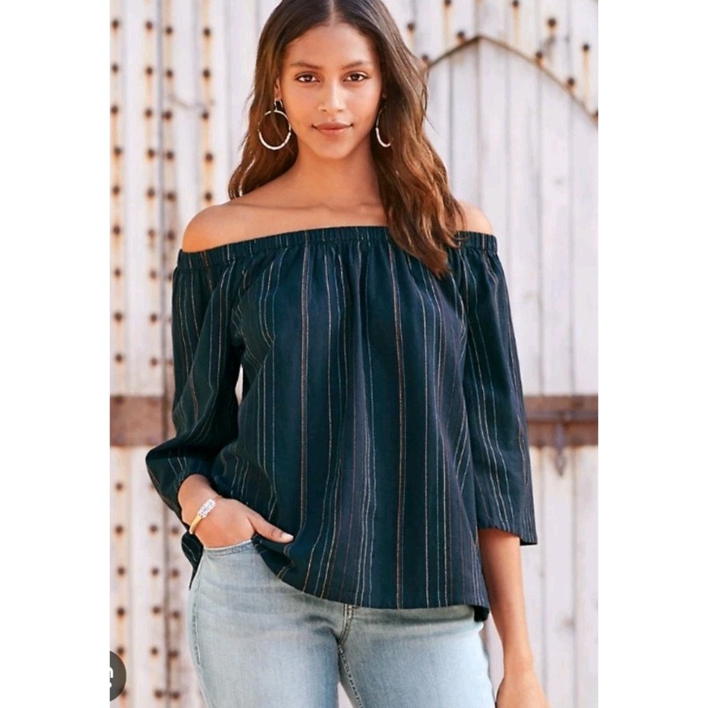 Garnet Hill Off The Shoulder Gauze Top Blue Stripes‎ Size Large